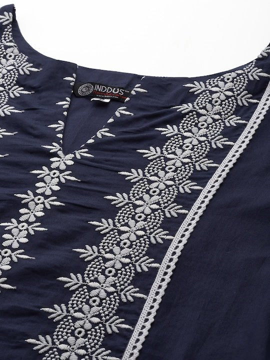 Ethnic Motifs Embroidered Regular Chikankari Kurta with Trousers - Inddus.com