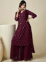Ethnic Motifs Embroidered Regular Sequinned Kurta With Palazzos & With Dupatta - Inddus.com