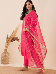 Ethnic Motifs Embroidered Regular Sequinned Kurta With Trousers & Dupatta - Inddus.com