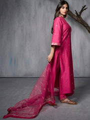 Ethnic Motifs Embroidered Regular Sequinned Pure Silk Kurta with Trousers & Dupatta - Inddus.com