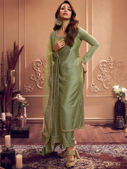 Ethnic Motifs Embroidered Round Neck Long Sleeve Zari Kurta Set With Dupatta - Inddus.com