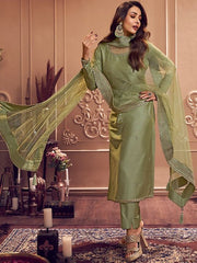 Ethnic Motifs Embroidered Round Neck Long Sleeve Zari Kurta Set With Dupatta - Inddus.com