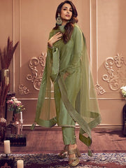 Ethnic Motifs Embroidered Round Neck Long Sleeve Zari Kurta Set With Dupatta - Inddus.com