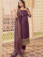 Ethnic Motifs Embroidered Round Neck Zari Kurta Set With Dupatta - Inddus.com