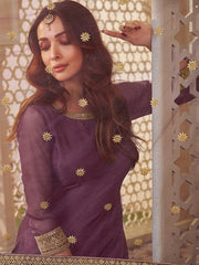 Ethnic Motifs Embroidered Round Neck Zari Kurta Set With Dupatta - Inddus.com