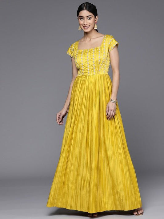 Ethnic Motifs Embroidered Sequinned Satin Ethnic Dress - Inddus.com