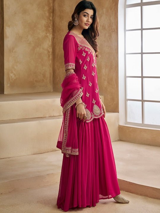 Ethnic Motifs Embroidered Sequinned Scalloped Kurti with Sharara & Dupatta - Inddus.com