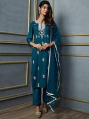 Ethnic Motifs Embroidered Thread Work Kurta with Trousers & With Dupatta - Inddus.com