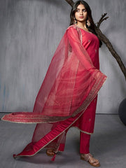 Ethnic Motifs Embroidered Zari Regular Pure Silk Kurta with Trousers & With Dupatta - Inddus.com