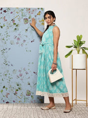 Ethnic Motifs Halter Neck Tie-Ups Midi Dress - Inddus.com