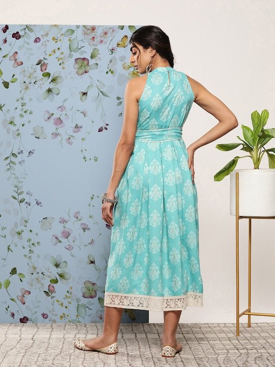 Ethnic Motifs Halter Neck Tie-Ups Midi Dress - Inddus.com