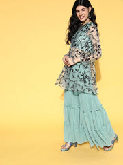 Ethnic Motifs Net Sheer Kurta Set - Inddus.com