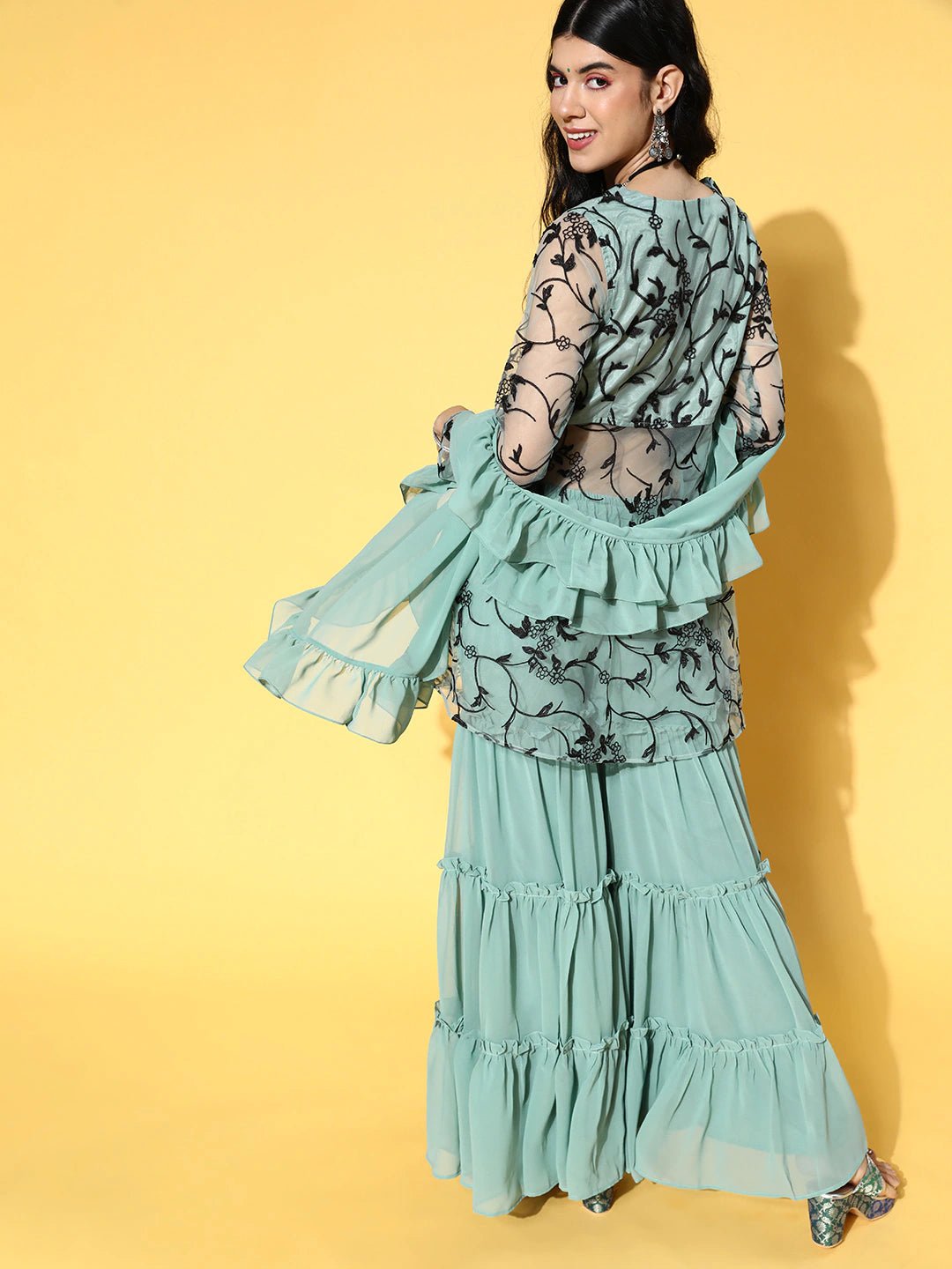 Ethnic Motifs Net Sheer Kurta Set - Inddus.com
