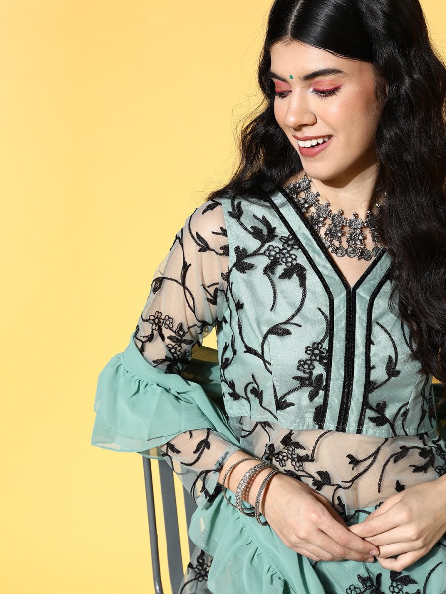 Ethnic Motifs Net Sheer Kurta Set - Inddus.com