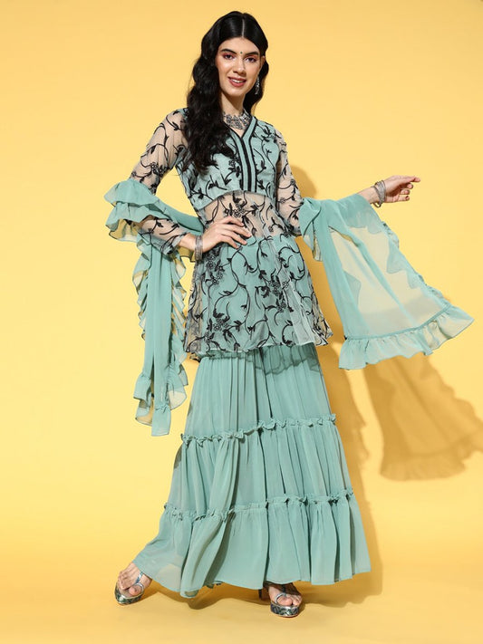 Ethnic Motifs Net Sheer Kurta Set - Inddus.com