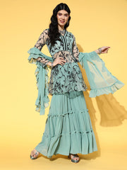 Ethnic Motifs Net Sheer Kurta Set - Inddus.com