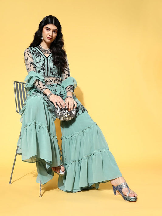 Ethnic Motifs Net Sheer Kurta Set - Inddus.com