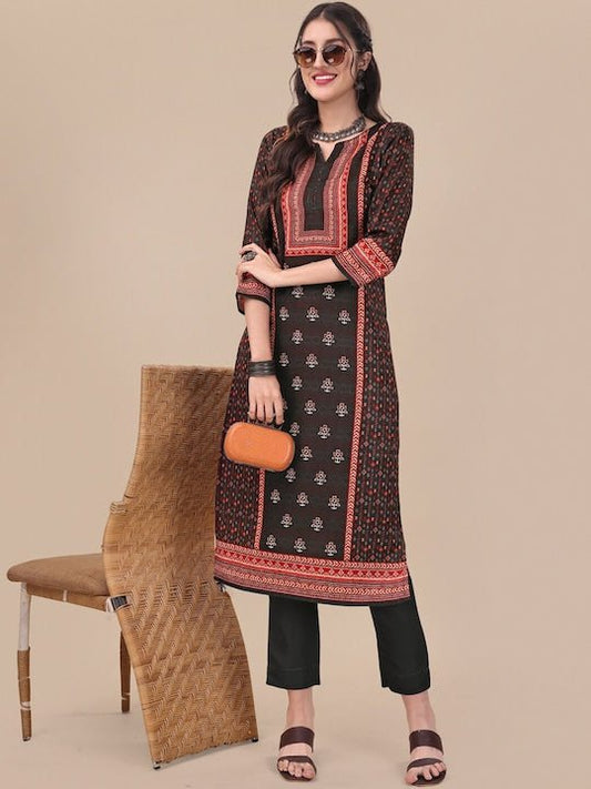 Ethnic Motifs Printed Straight Pure Cotton Kurta With Trousers - Inddus.com