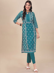 Ethnic Motifs Printed Straight Pure Cotton Kurta with Trousers - Inddus.com