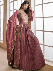 Ethnic Motifs Sequinned Embroidered Pleated Kurta With Dupatta - Inddus.com