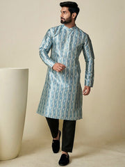 Ethnic Motifs Woven Design Mandarin Collar Regular Kurta - Inddus.com