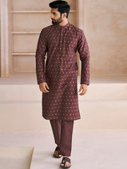 Ethnic Motifs Woven Design Mandarin Collar Straight Kurta With Trousers - Inddus.com