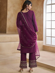 Ethnic Motifs Yoke Design Pure Silk Kurta with Trousers & Dupatta - Inddus.com