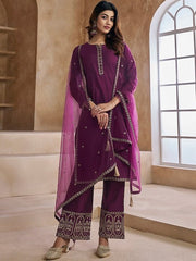Ethnic Motifs Yoke Design Pure Silk Kurta with Trousers & Dupatta - Inddus.com