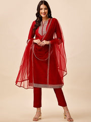 Ethnic Motifs Yoke Design Sequinned Kurta With Trousers & Dupatta - Inddus.com