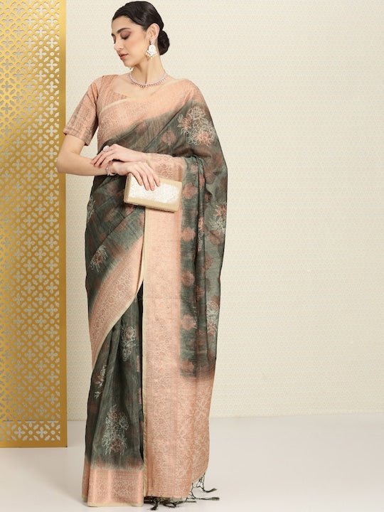 Ethnic Motifs Zari Linen Blend Saree - Inddus.com