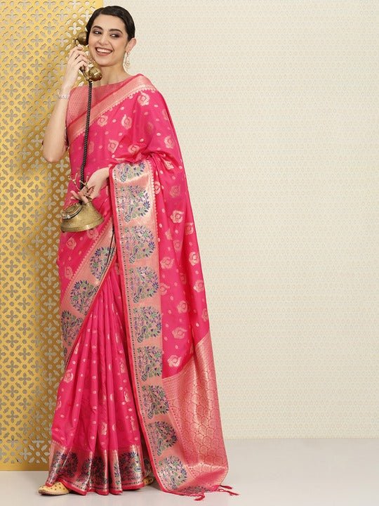 Ethnic Motifs Zari Silk Blend Saree - Inddus.com