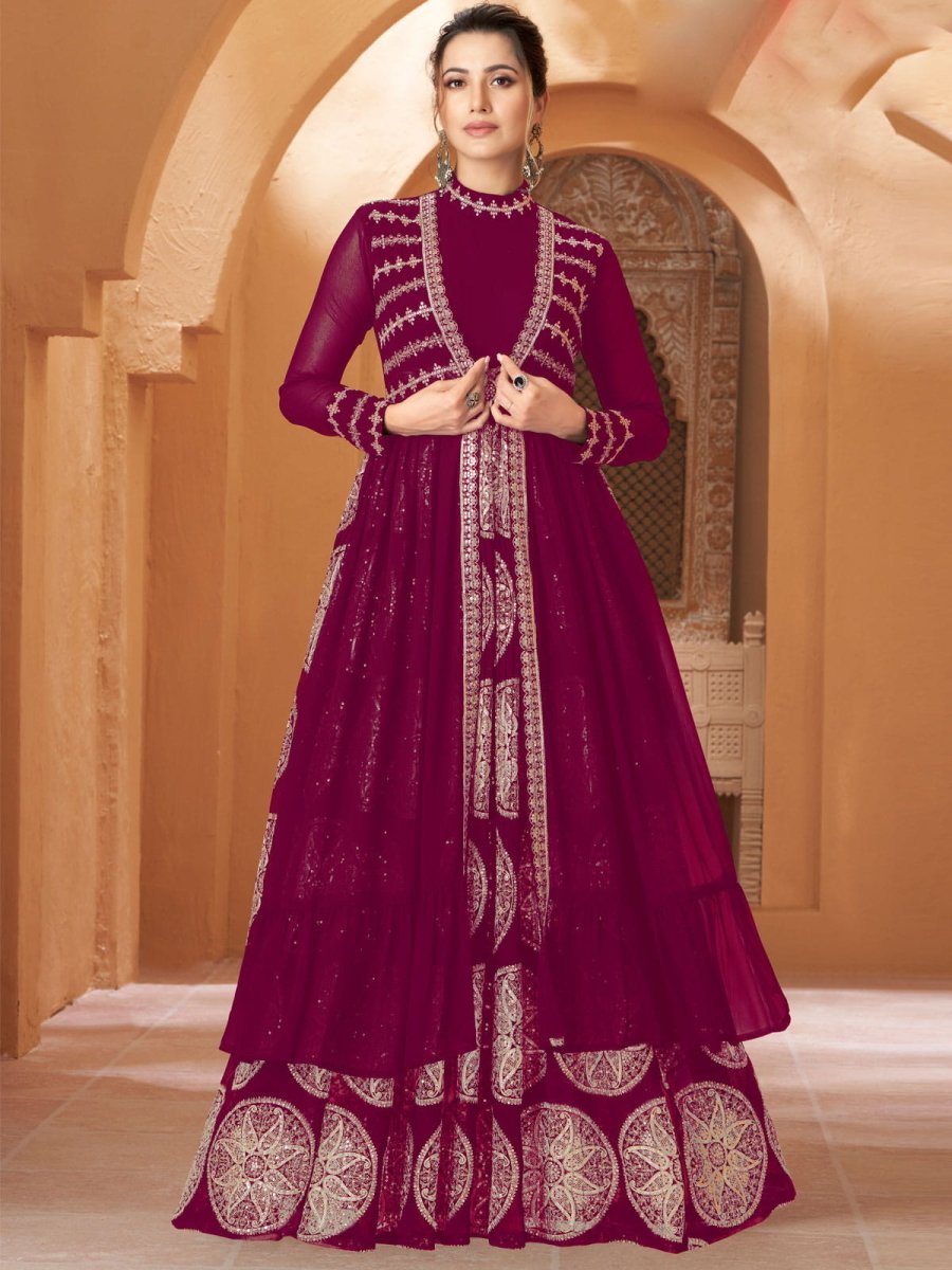 Exotic Exotic Maroon Georgette Partywear Gown - Inddus.com