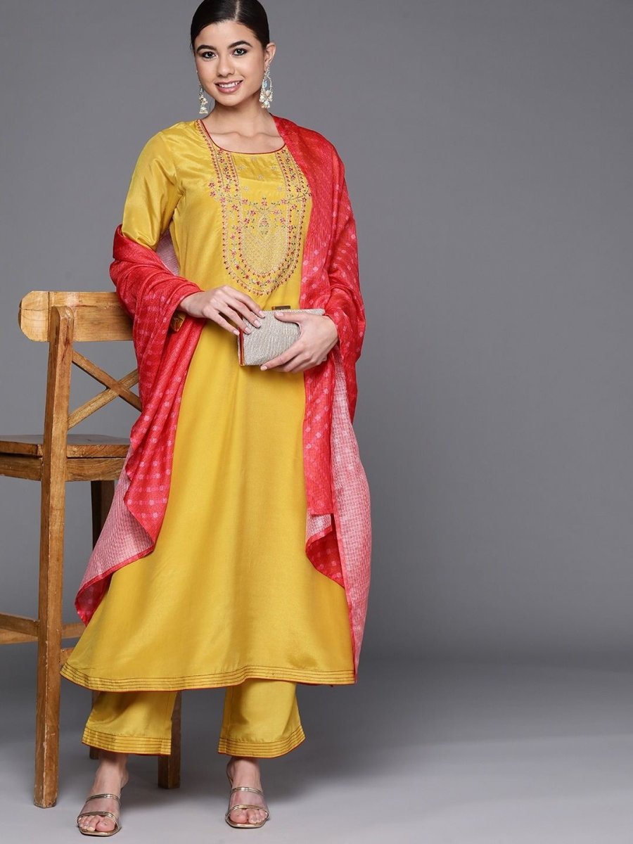 exotic yellow silk blend embroidered kurta set