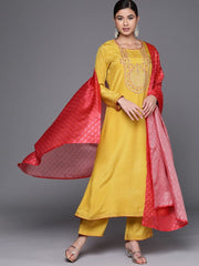 exotic yellow silk blend embroidered kurta set