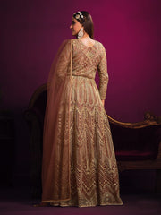 Fantastic Peach Net Embroidered Festive Gown - Inddus.com