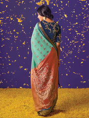 Firozi Brasso Embroidered Saree - Inddus.com