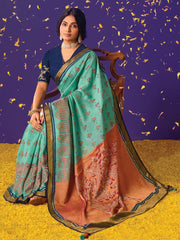 Firozi Brasso Embroidered Saree - Inddus.com