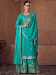 Firozi Embroidered Partywear Palazzo Suit - Inddus.com