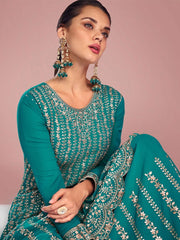 Firozi Embroidered Partywear Sharara Style Suit - Inddus.com