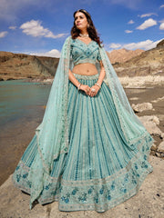 Firozi Georgette Embroidered Lehenga Choli - Inddus.com