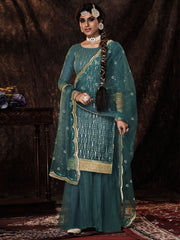 Firozi Net Embroidered Sharara-Style-Suit - Inddus.com