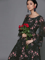 Floral Black Georgette Partywear Maxi Dress - inddus-us