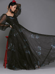Floral Black Organza Partywear Maxi Dress - inddus-us