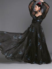Floral Black Organza Partywear Maxi Dress - inddus-us