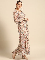 Floral Chiffon Maxi Dress with Belt - Inddus.com