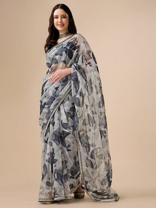 Floral Digital Printed Organza Saree - Inddus.com
