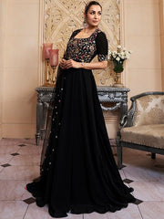 Floral Embroidered Fit & Flare Maxi Ethnic Dress With Dupatta - Inddus.com