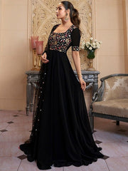Floral Embroidered Fit & Flare Maxi Ethnic Dress With Dupatta - Inddus.com
