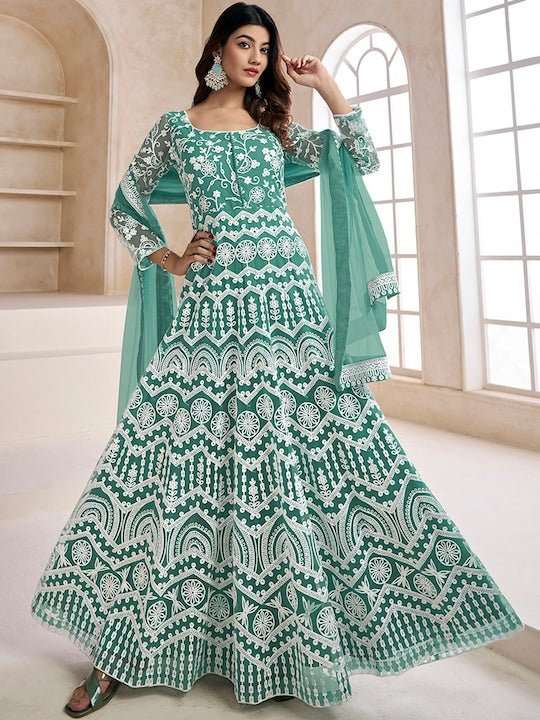 Floral Embroidered Fit & Flare Maxi Ethnic Dresses With Dupatta Floral Embroidered Fit & Flare Maxi Ethnic Dresses With Dupatta