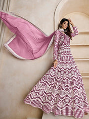 Floral Embroidered Fit & Flare Maxi Ethnic Dresses With Dupatta - Inddus.com